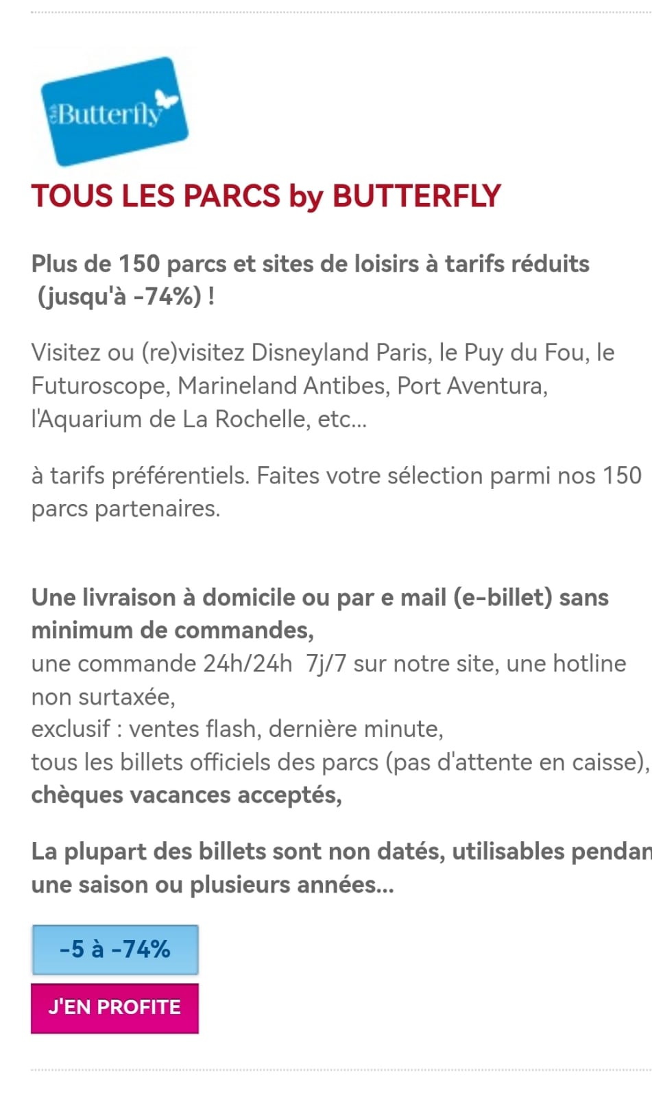 TOUT LES PARCS A TARIF BUTTERFLY